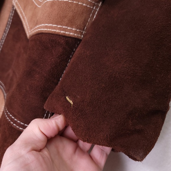 Vintage 70s Two Tone Brown Patchwork Suede Leather Western Belted Jacket 15/16 - Picture 9 of 9